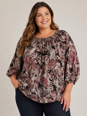 Cato Woman Paisley Peasant Blouse 26/28W Plus Size Boho Smocked 3/4 Sleeve Top